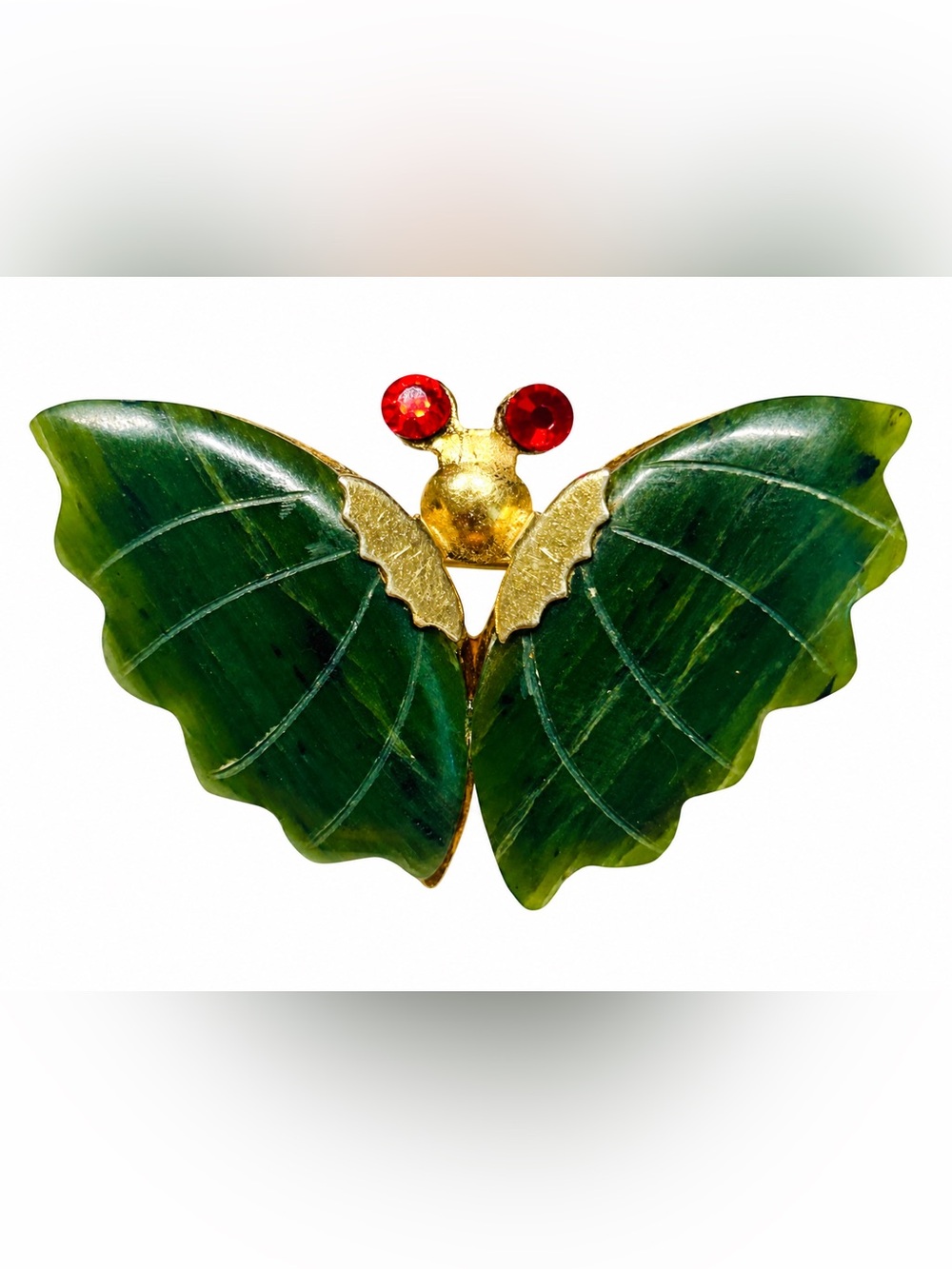 Vintage Carved Green Stone Butterfly Brooch Red Rhinestone Eyes (1960s–1970s)
